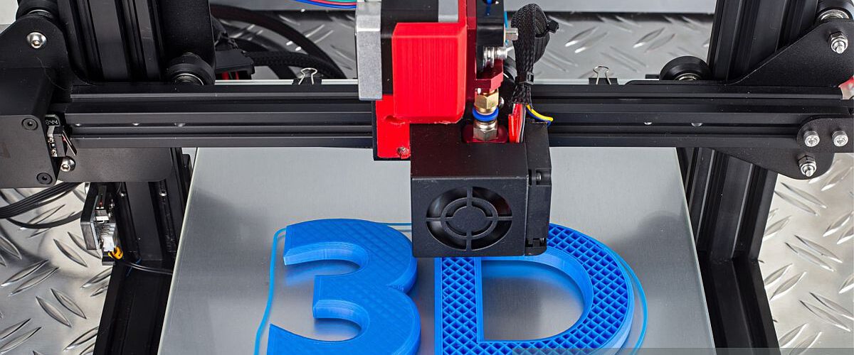 Red black 3D printer printing blue logo symbol on metal diamond plate future technology modern concept background